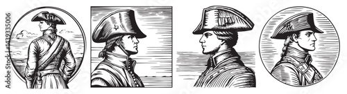 Historical Male Figures in Detailed Military Attire Sketches, Set Logo design, Vector Illustration, Engraving style
