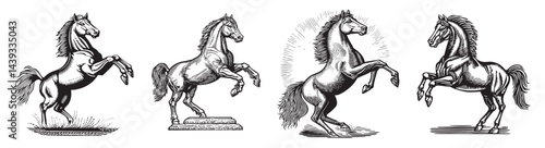 Various Illustrations of Rearing Horses in Classic Style, Set Logo design, Vector Illustration, Engraving style
