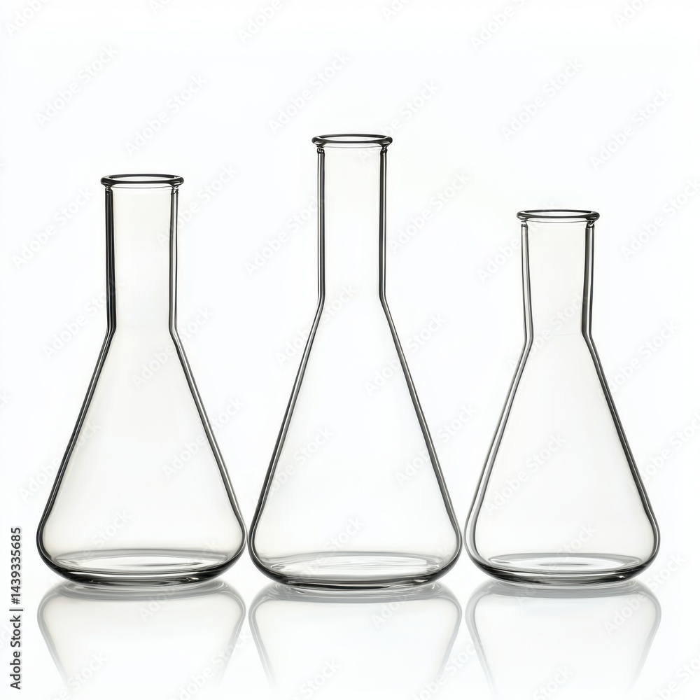 Laboratory Glassware Essentials Three Erlenmeyer Flasks in Chemistry Lab Analytical Research Studies