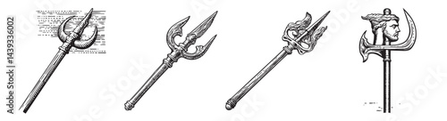 Vintage Illustrations of Mythical Spears and Tridents Designs, Set Logo design, Vector Illustration, Engraving style