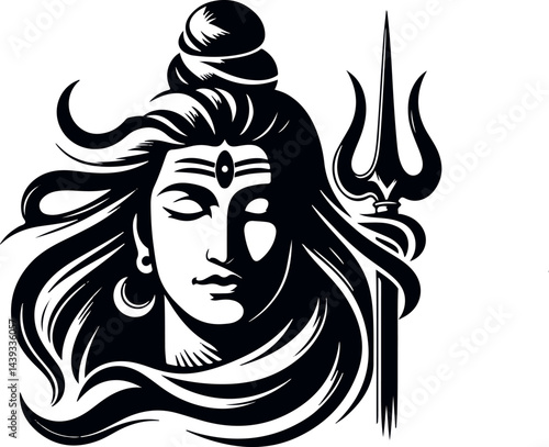 Stylized Black and White Lord Shiva Illustration – Calm and Powerful Spiritual Artwork