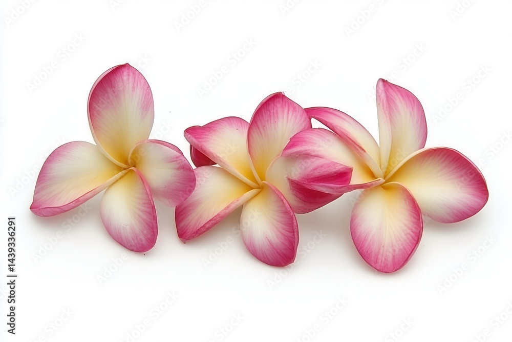 Fototapeta premium Three vibrant pink and white plumeria flowers arranged elegantly on a clean background