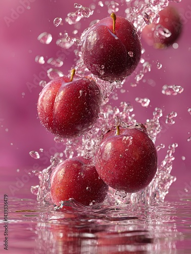 Plums Splashing Underwater on Pink Background