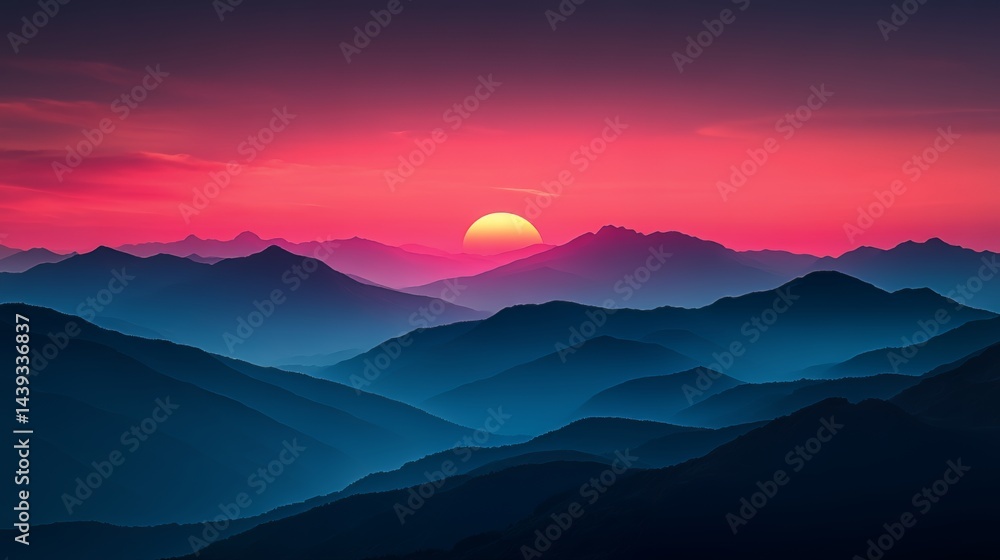Stunning sunset over layered mountains creates a serene and colorful landscape. Stunning sunset over layered mountains creates a serene and colorful landscape.