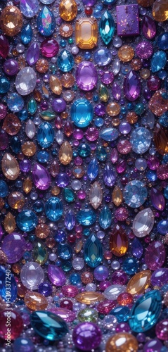A vibrant background filled with an array of colorful gemstones, showcasing rich hues of emerald green, sapphire blue, ruby red, and amethyst purple, glistening under soft light.