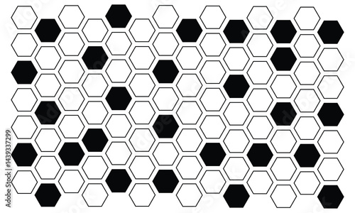 Black hexagon, honeycomb, design element, shapes, pattern with no strokes. Asset for photo collection, collage, template, frame, overlay, montage, clipping, layer mask. Transparent background. EPS 10.