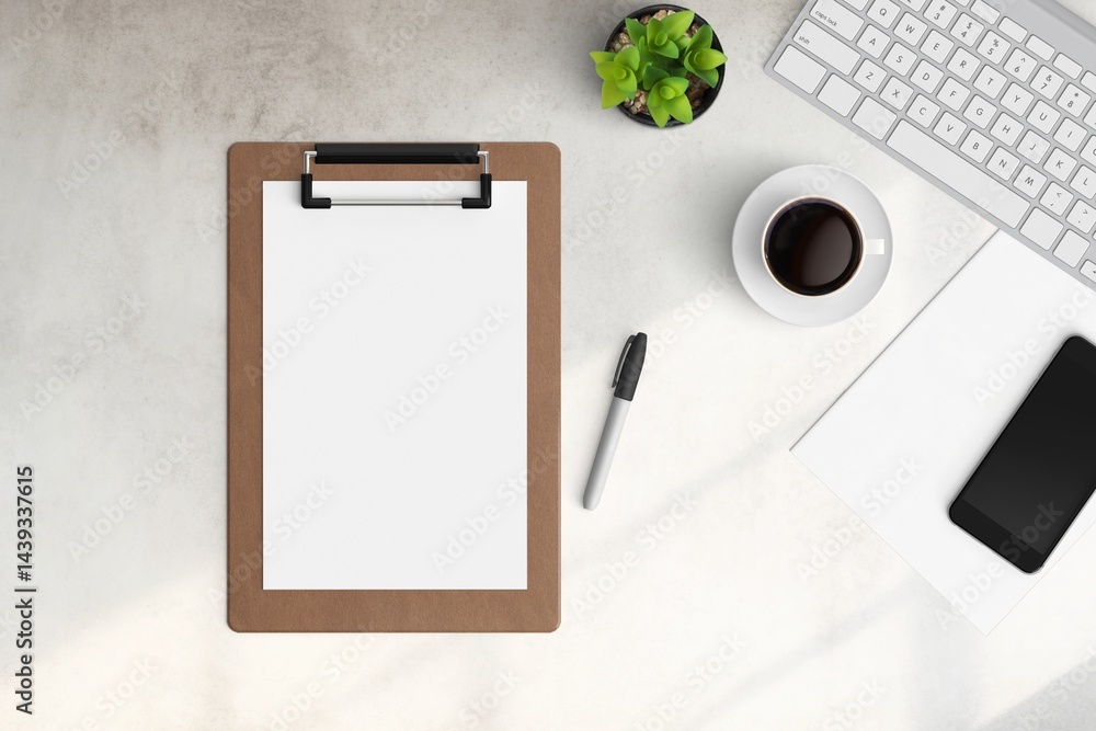 Modern workspace with copy space on white color background. Top view with copy space. Flat lay style. Minimal blank mockup.