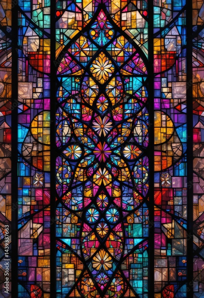 Fototapeta premium Vibrant stained glass window in the Cathedral of St. Louis, Paris, showcasing intricate biblical scenes with rich colors and detailed craftsmanship.