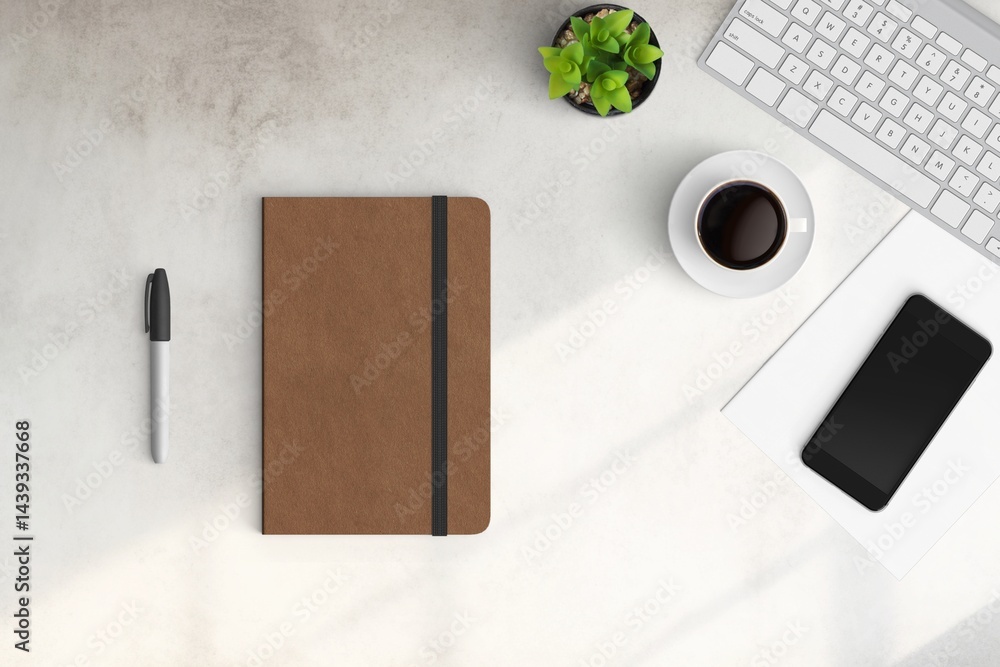 Modern workspace with copy space on white color background. Top view with copy space. Flat lay style. Minimal blank mockup.
