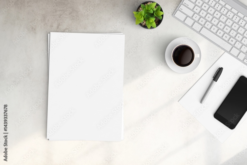 Modern workspace with copy space on white color background. Top view with copy space. Flat lay style. Minimal blank mockup.