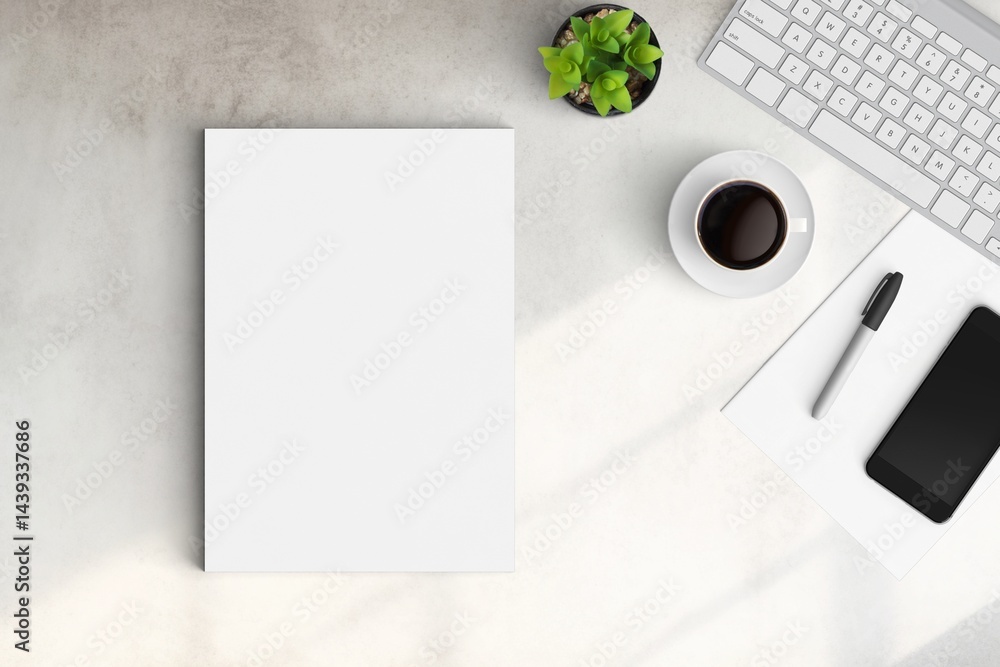 Modern workspace with copy space on white color background. Top view with copy space. Flat lay style. Minimal blank mockup.