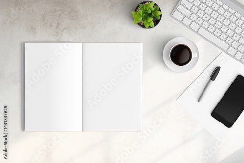 Modern workspace with  copy space on white color background. Top view with copy space. Flat lay style. Minimal blank  mockup.