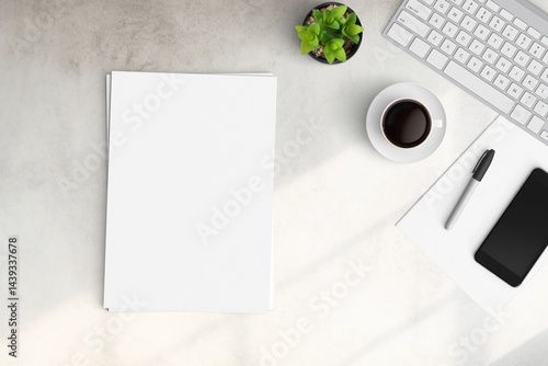 Obraz na płótnie Modern workspace with copy space on white color background. Top view with copy space. Flat lay style. Minimal blank mockup. w salonie