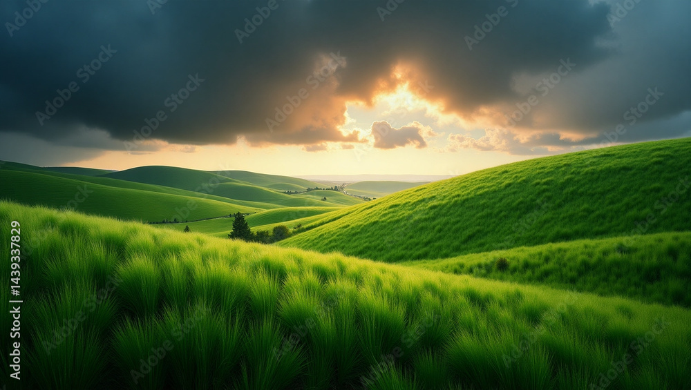Obraz premium Windblown Emerald Grass Under a Dramatic Stormy Sky – Nature Scene