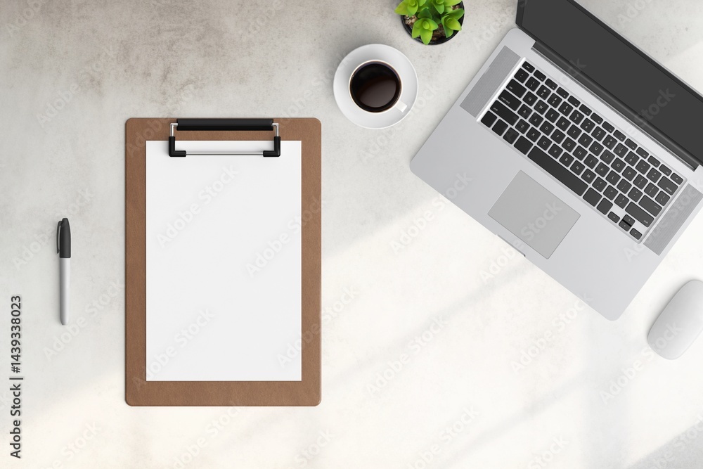 Modern workspace with copy space on white color background. Top view with copy space. Flat lay style. Minimal blank mockup.