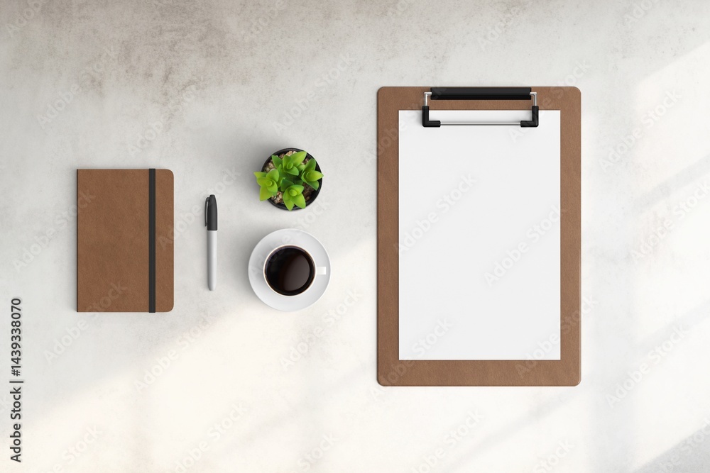 Modern workspace with copy space on white color background. Top view with copy space. Flat lay style. Minimal blank mockup.
