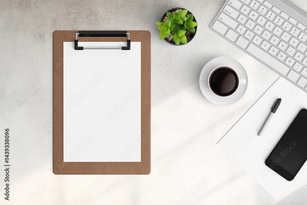Modern workspace with copy space on white color background. Top view with copy space. Flat lay style. Minimal blank mockup.