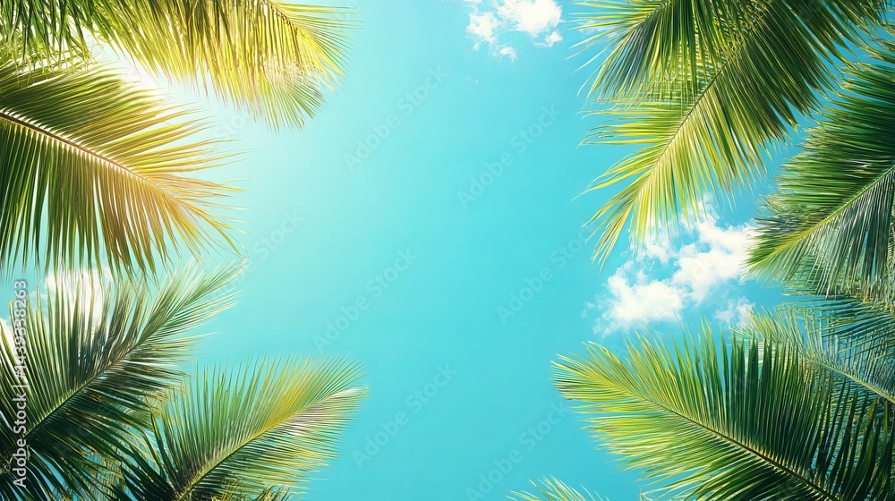 Fototapeta premium Vibrant green palm leaves against a sunny blue sky tropical summer vacation paradise warm leaf tree