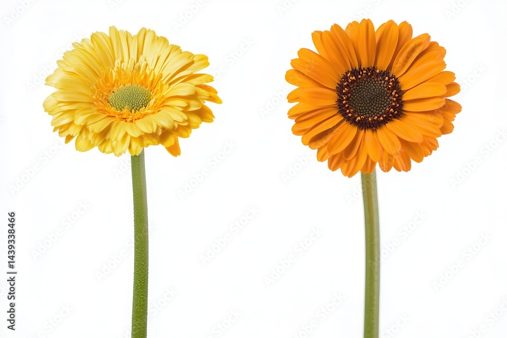 Two vibrant gerbera daisies, one yellow and one orange, displayed against a white background Two vibrant gerbera daisies, one yellow and one orange, displayed against a white background