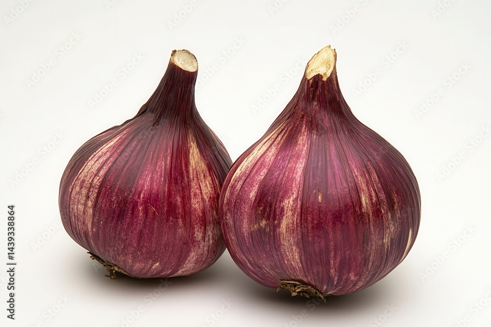 Obraz premium Two vibrant red onions positioned closely against a clean white background, showcasing their texture and color
