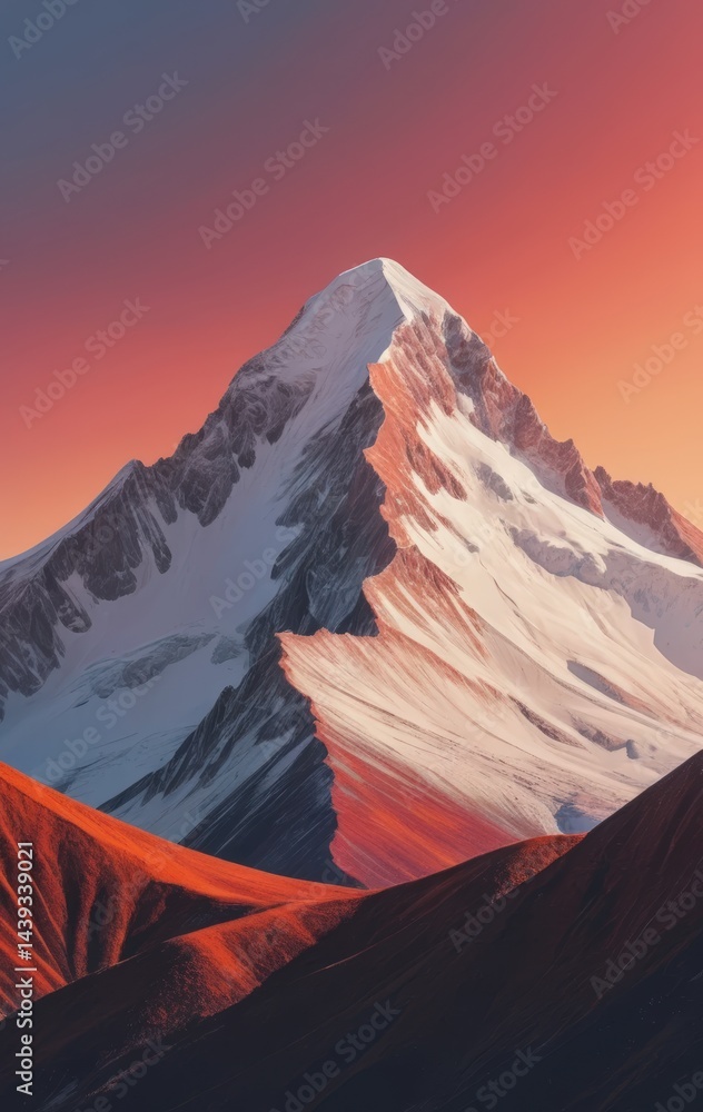 Fototapeta premium A majestic mountain peak, blanketed in pristine white snow, glistens under the bright blue sky, surrounded by lush green valleys and distant hills.