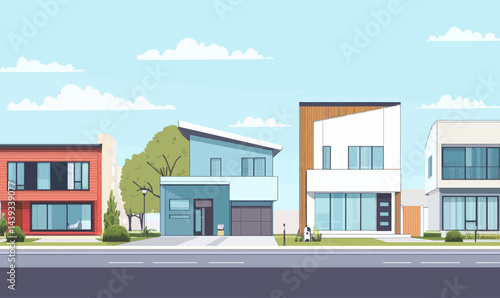 Modern Minimalist Street View with Diverse House Fronts in Flat Vector Design