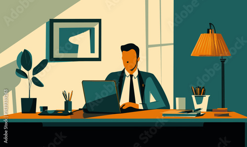 Minimalist Flat Illustration of Business Man Working from Home at Desk
