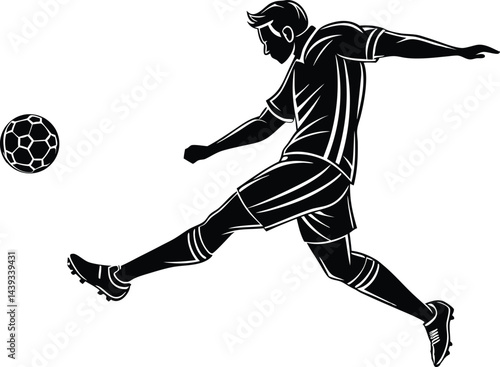 Silhouette of soccer player kicking ball with dynamic pose and detailed vector graphics style