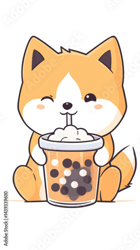 Adorable Kawaii Shiba Inu Drinking Boba Tea in Japanese Anime Style Vector