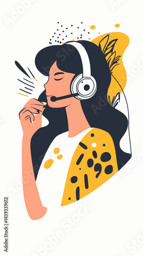 Modern Call Center Operator in Headset Minimalist Flat Vector Illustration