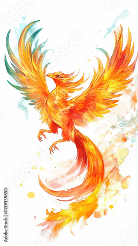 Vibrant Phoenix Watercolor Painting: Symbol of Rebirth and Renewal