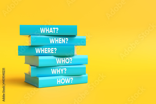 Stack of books posing fundamental questions on yellow background