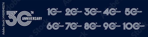 collection anniversary 10 to 100 year logo designs. abstract number for celebration event, wedding, greeting card, and invitation, vector illustration