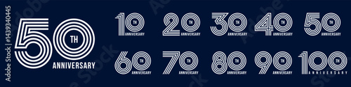 collection anniversary 10 to 100 year logo designs. abstract number for celebration event, wedding, greeting card, and invitation, vector illustration