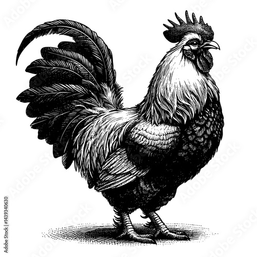 Vintage black and white ink illustration of a male chicken (rooster) standing, isolated on white background, rustic countryside farm style, detailed classic sketch.