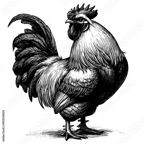 Vintage black and white ink illustration of a male chicken (rooster) standing, isolated on white background, rustic countryside farm style, detailed classic sketch.