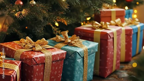 Festive holiday gifts decoratively placed under christmas tree with glowing lights