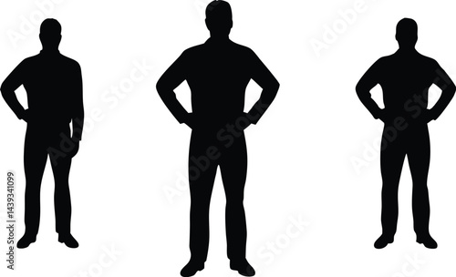 Three silhouettes of men standing with hands on hips in a symmetrical arrangement