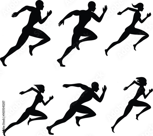 Silhouette illustration of six runners in motion on a white background running athletes