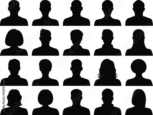 Collection of fifteen black silhouette head and shoulder portraits on white background