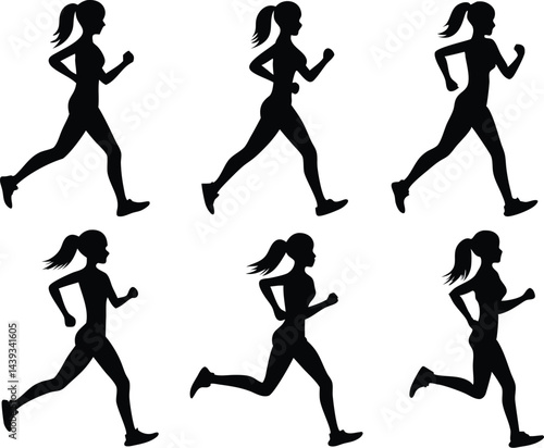 Silhouette pattern of women running with ponytails on a white background in a seamless design