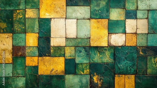 Vibrant geometric farmland patterns from an aerial perspective, lush green and yellow crops form an abstract natural composition, showing the agricultural landscape and colorful fields.