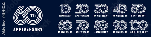 collection anniversary 10 to 100 year logo designs. abstract number for celebration event, wedding, greeting card, and invitation, vector illustration