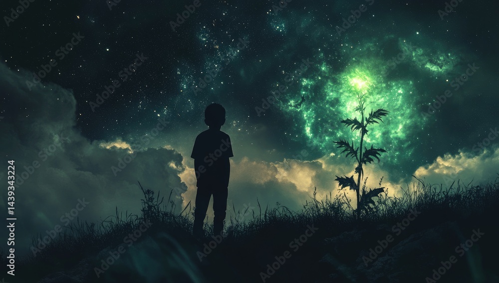 Fototapeta premium Child gazing at luminous flower in starry night