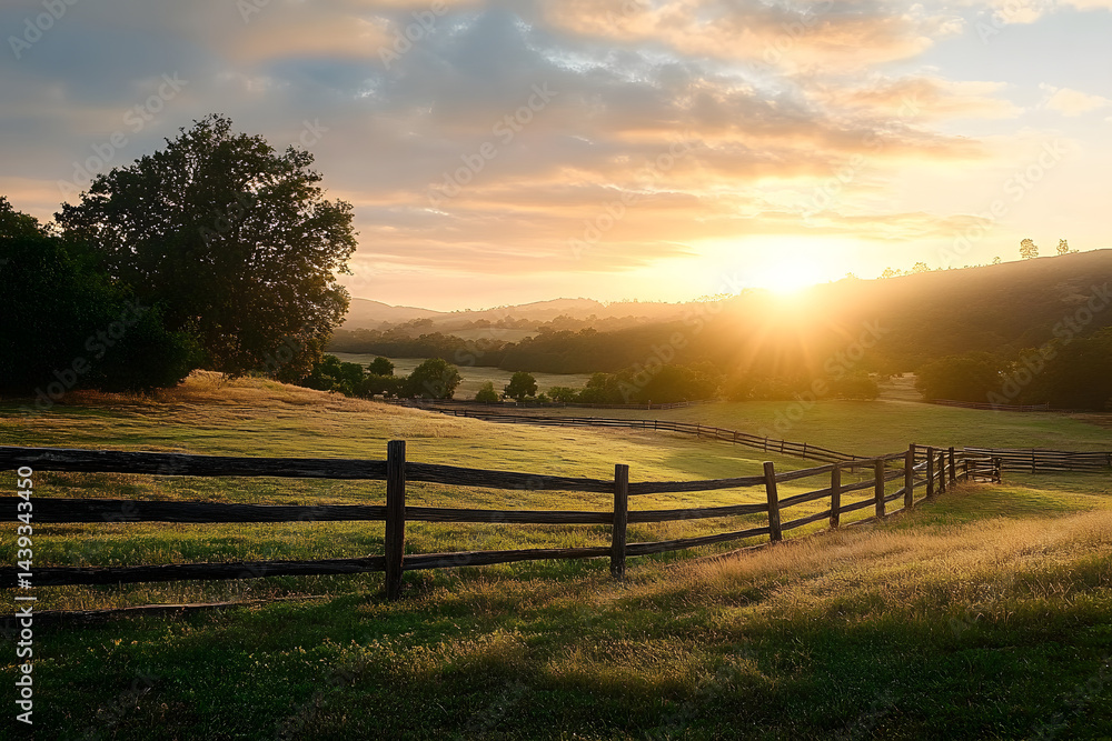Fototapeta premium Picturesque landscape, fenced ranch at sunrise