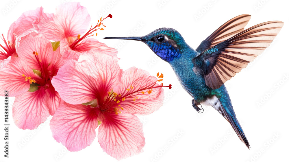 Obraz premium Hummingbird and Pink Hibiscus, cut out transparent