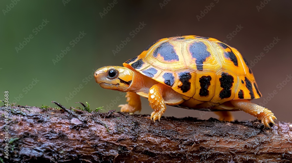 Fototapeta premium Turtle Walking on a Log with Bright Shell and Colorful Background