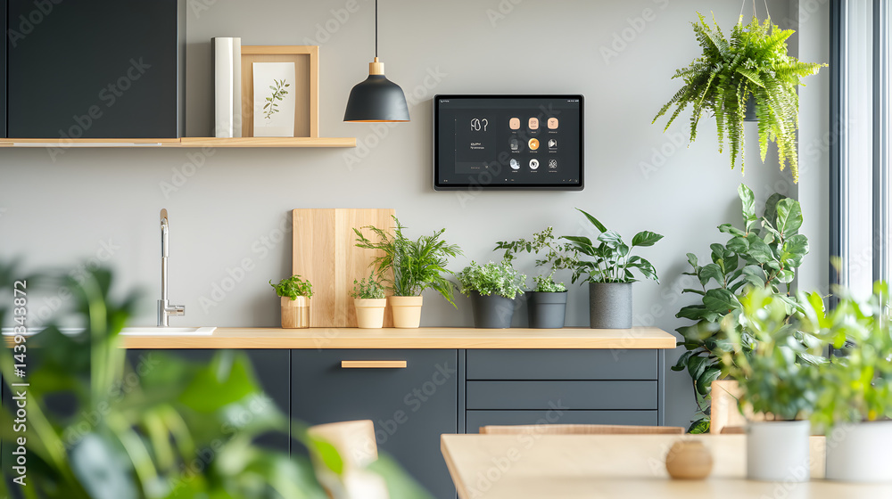 Dining area technology touch, tablet device mounted on wall controlling smart lighting and thermostat, oak dining table with minimal decor, indoor plants adding warmth, side wide view, Dining area technology touch, tablet device mounted on wall controlling smart lighting and thermostat, oak dining table with minimal decor, indoor plants adding warmth, side wide view,