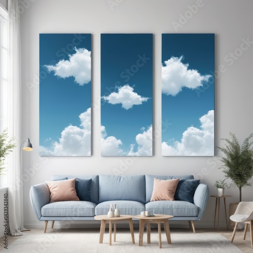 Three vibrant canvases depict fluffy white clouds drifting across a bright blue sky, each showcasing unique cloud formations and varying shades of blue.