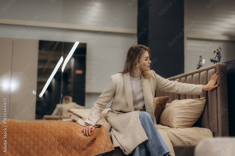 © Roman - Woman Sitting on Elegant Bed in Modern Furniture Store Setting